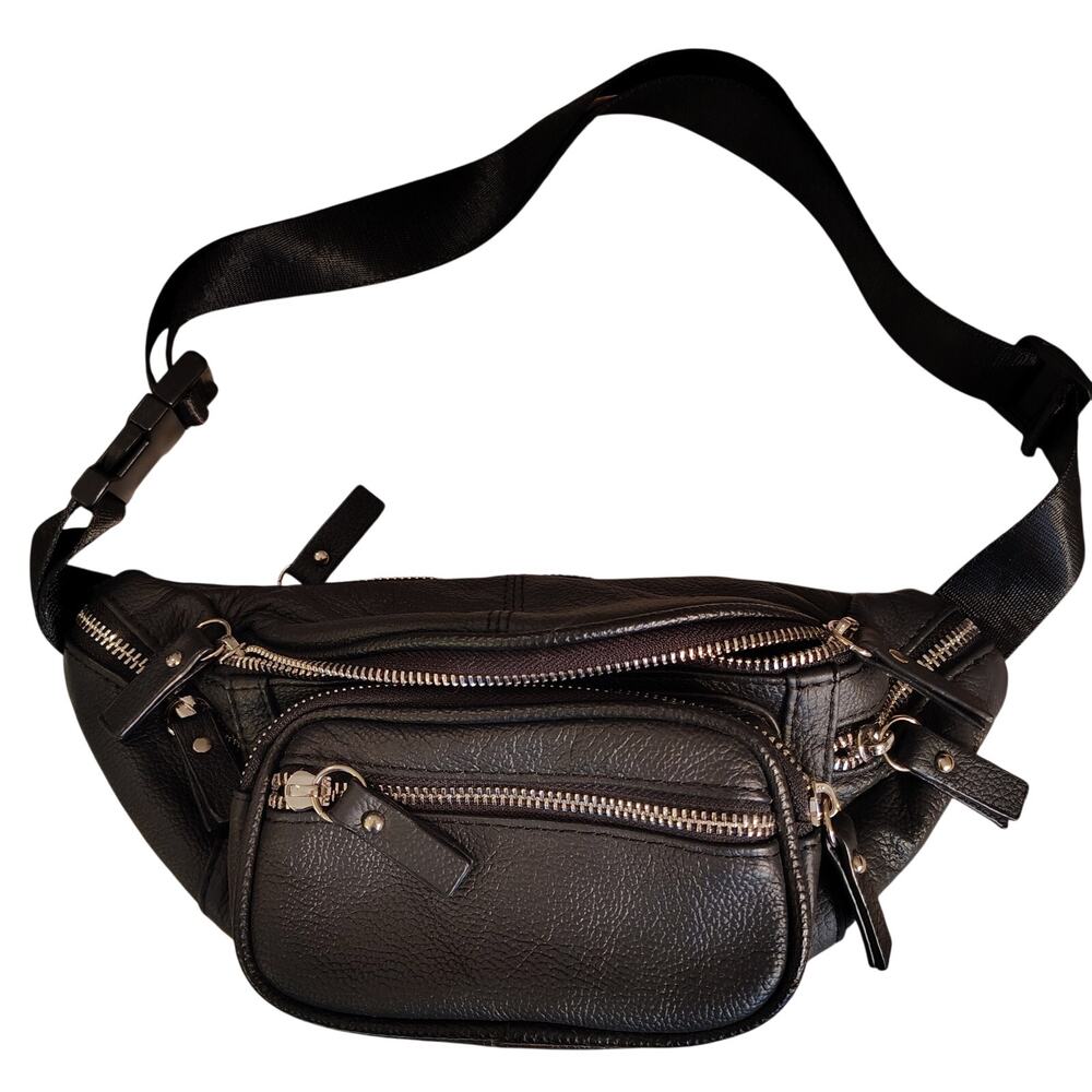 Unbranded Vegan Leather Fanny Pack – 6 Pockets – Black – Adjustable Strap